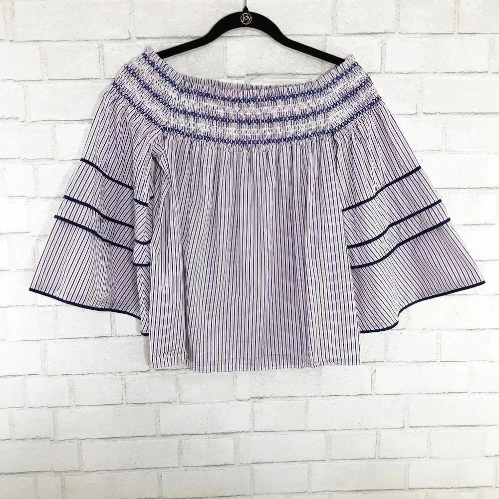 Parker Largo Smocked Off The Shoulder Striped Blouse Women's Size Medium